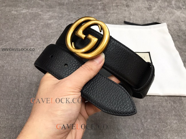 Gucci '70 Black Leather Belt Interlocking Brass G Buckle